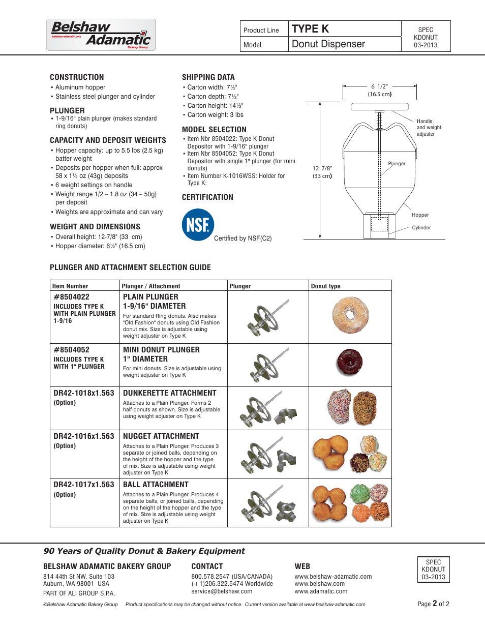 Type k, Donut dispenser | Belshaw Adamatic TYPE K Donut Dispenser User Manual | Page 2 / 2