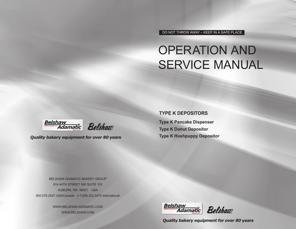 Belshaw Adamatic TYPE K Depositors User Manual | 9 pages