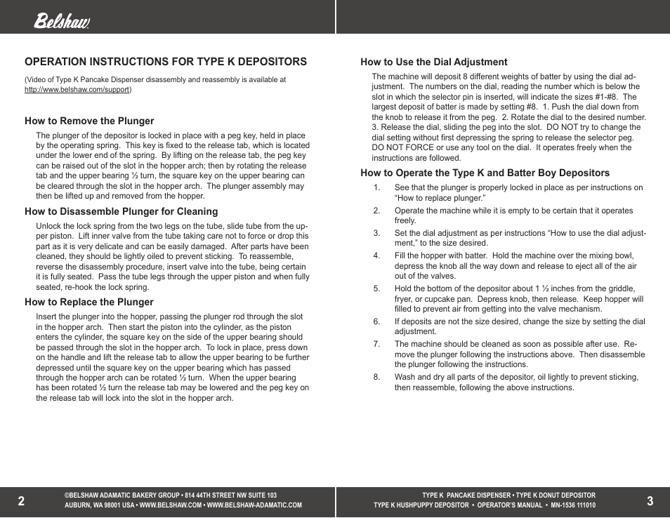 Belshaw Adamatic TYPE K Depositors User Manual | Page 2 / 9