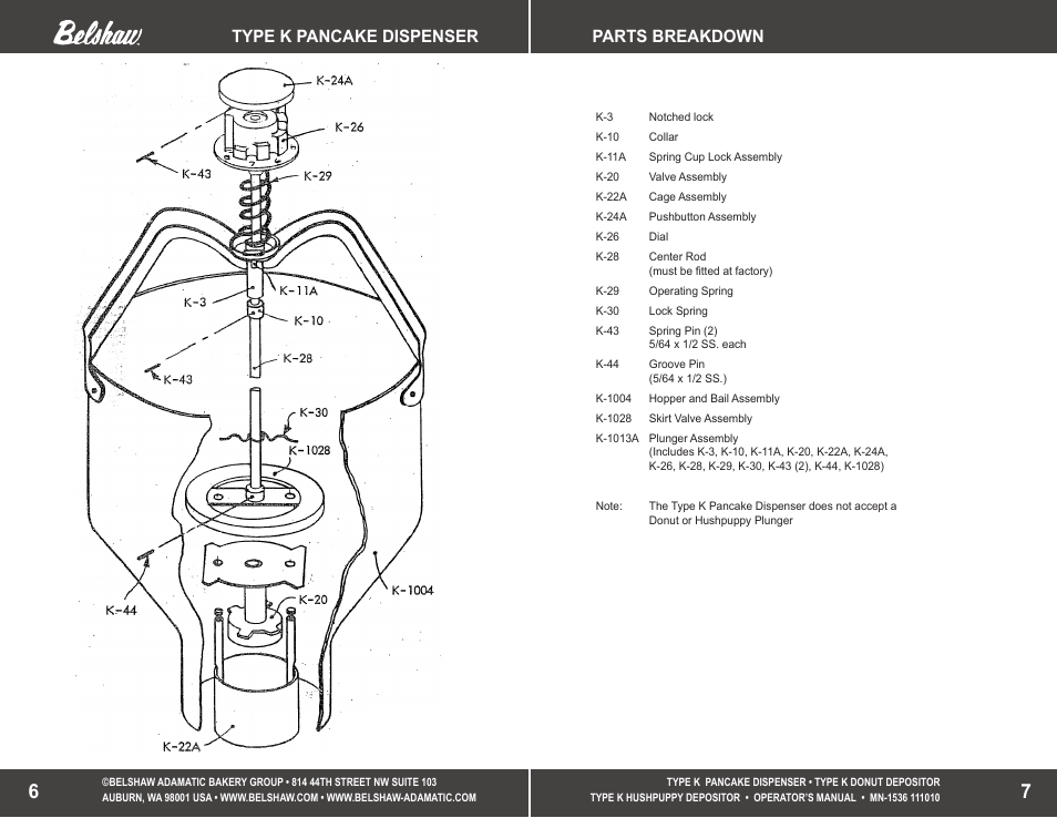 Type k pancake dispenser, Parts breakdown | Belshaw Adamatic TYPE K Depositors User Manual | Page 4 / 9