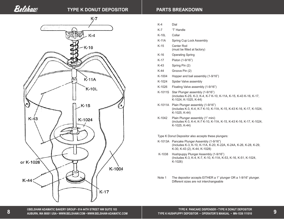 Parts breakdown, Type k donut depositor | Belshaw Adamatic TYPE K Depositors User Manual | Page 5 / 9