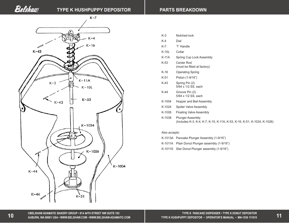 Type k hushpuppy depositor, Parts breakdown | Belshaw Adamatic TYPE K Depositors User Manual | Page 6 / 9