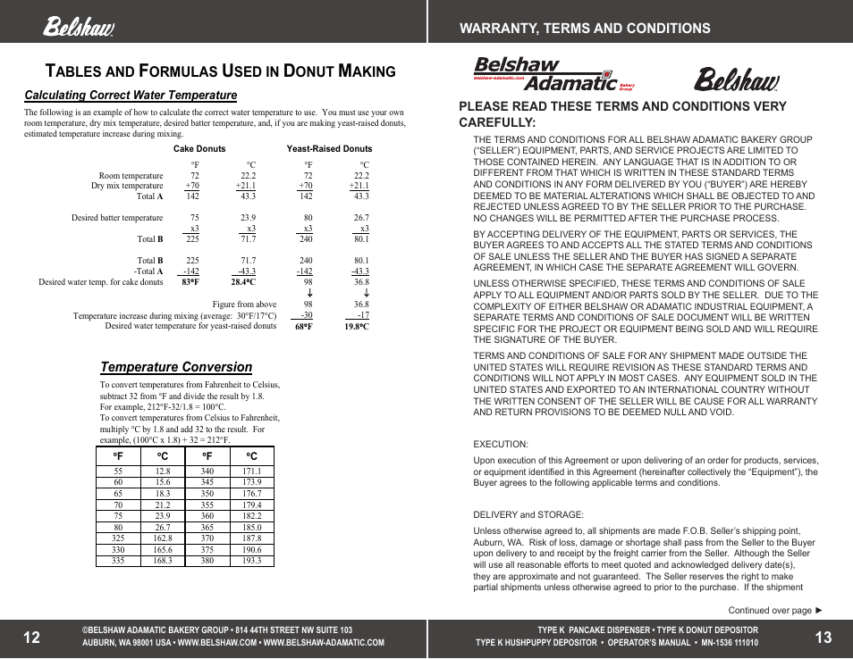 Ables and, Ormulas, Sed in | Onut, Aking, Ratios of plunger sizes to donut weights, Temperature conversion, Warranty, terms and conditions | Belshaw Adamatic TYPE K Depositors User Manual | Page 7 / 9