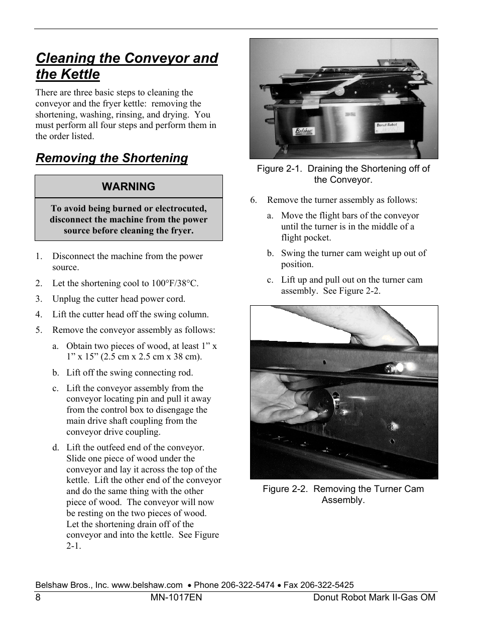 Cleaning the conveyor and the kettle, Removing the shortening | Belshaw Adamatic Mark II-Gas Donut Robot User Manual | Page 14 / 63