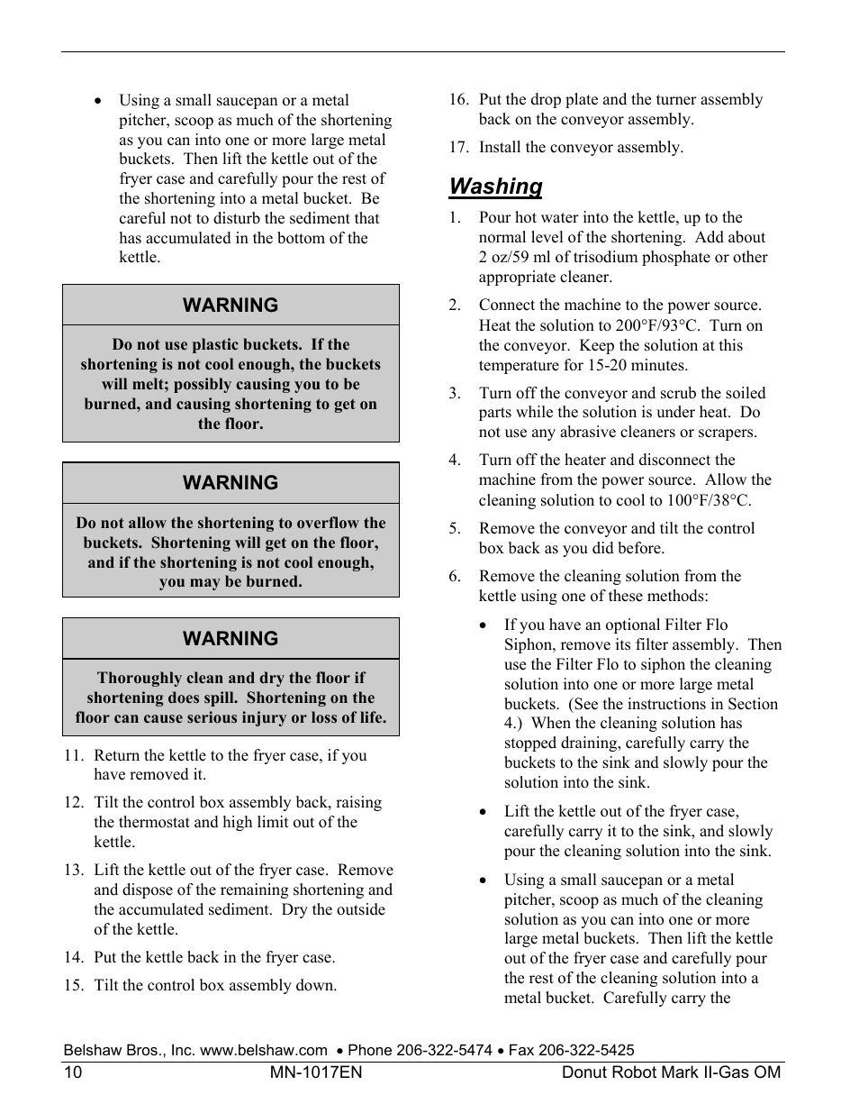 Washing | Belshaw Adamatic Mark II-Gas Donut Robot User Manual | Page 16 / 63