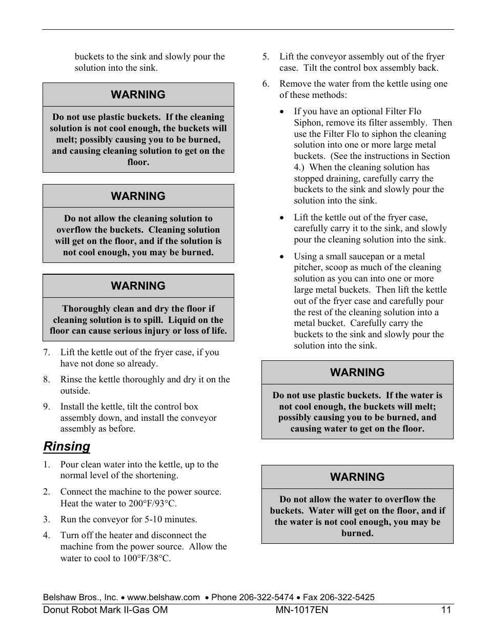 Rinsing | Belshaw Adamatic Mark II-Gas Donut Robot User Manual | Page 17 / 63