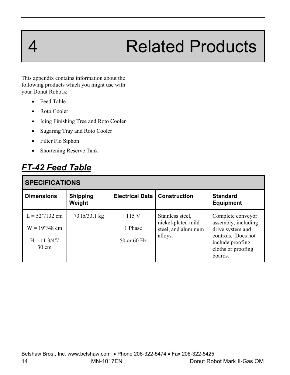 4 related products, Ft-42 feed table | Belshaw Adamatic Mark II-Gas Donut Robot User Manual | Page 20 / 63