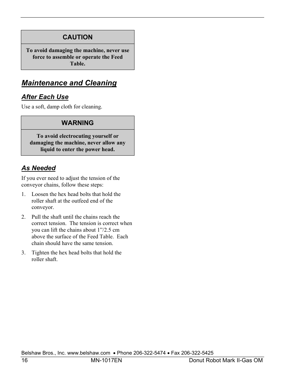 Maintenance and cleaning | Belshaw Adamatic Mark II-Gas Donut Robot User Manual | Page 22 / 63