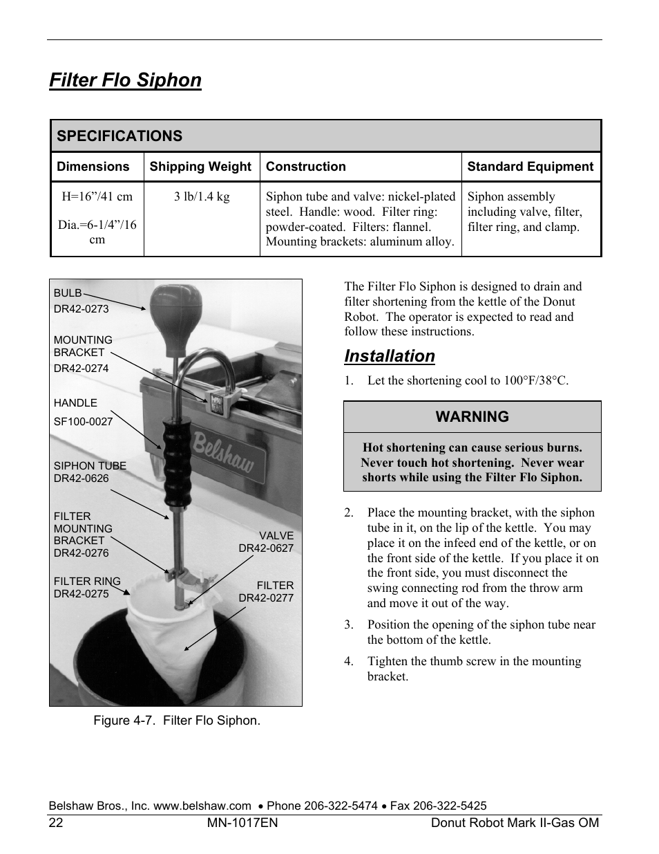 Filter flo siphon, Installation | Belshaw Adamatic Mark II-Gas Donut Robot User Manual | Page 28 / 63