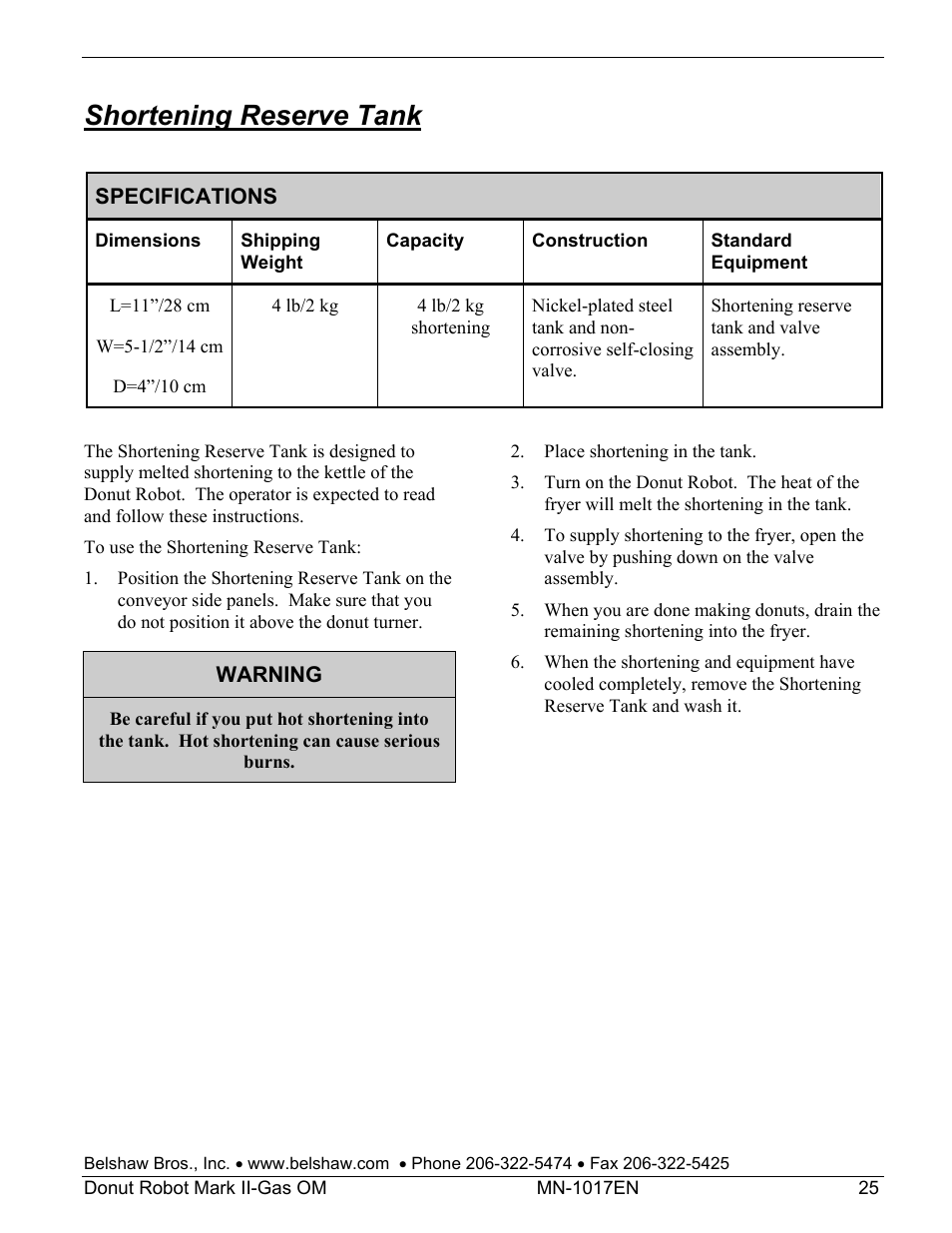 Shortening reserve tank | Belshaw Adamatic Mark II-Gas Donut Robot User Manual | Page 31 / 63