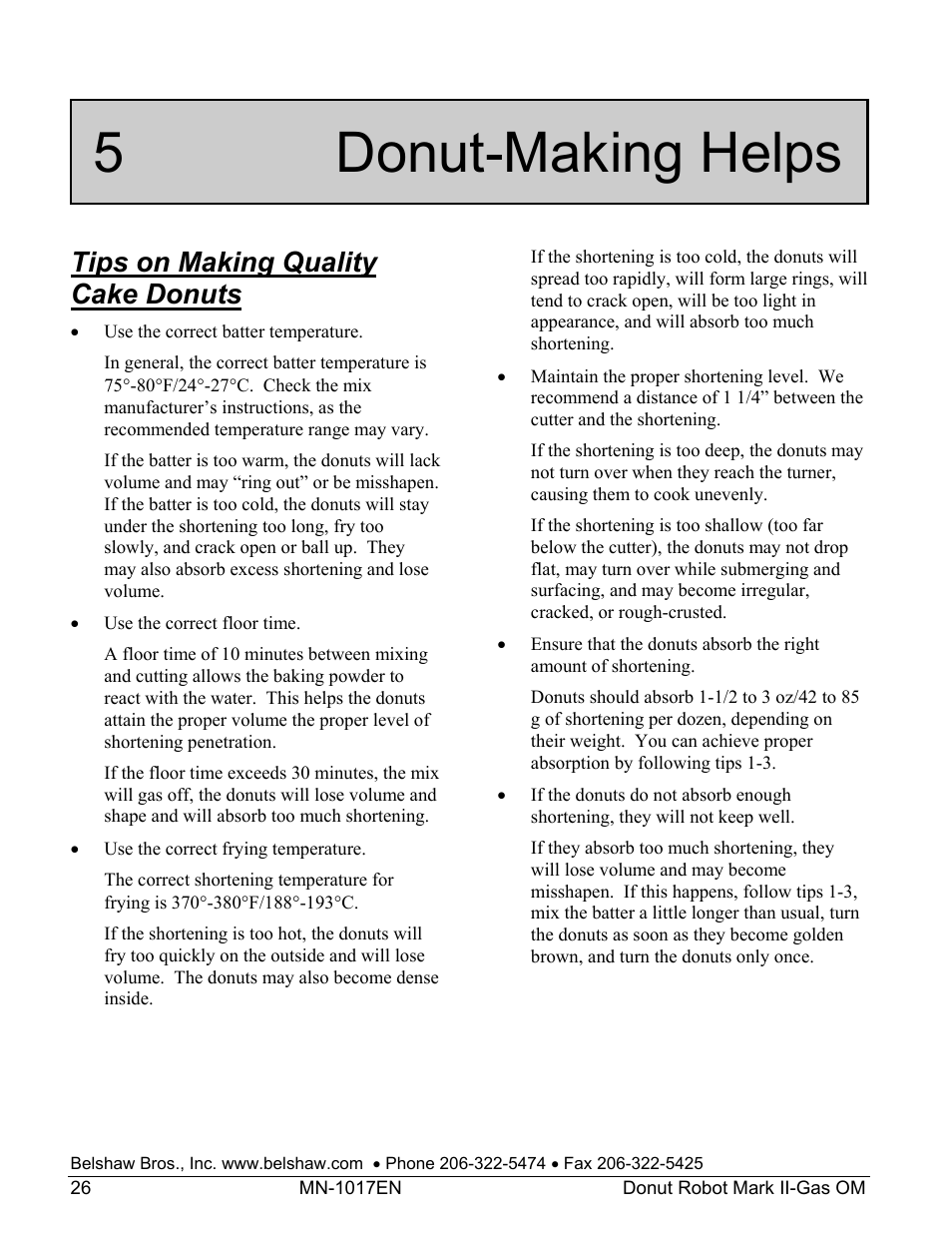 5 donut-making helps, Tips on making quality cake donuts | Belshaw Adamatic Mark II-Gas Donut Robot User Manual | Page 32 / 63