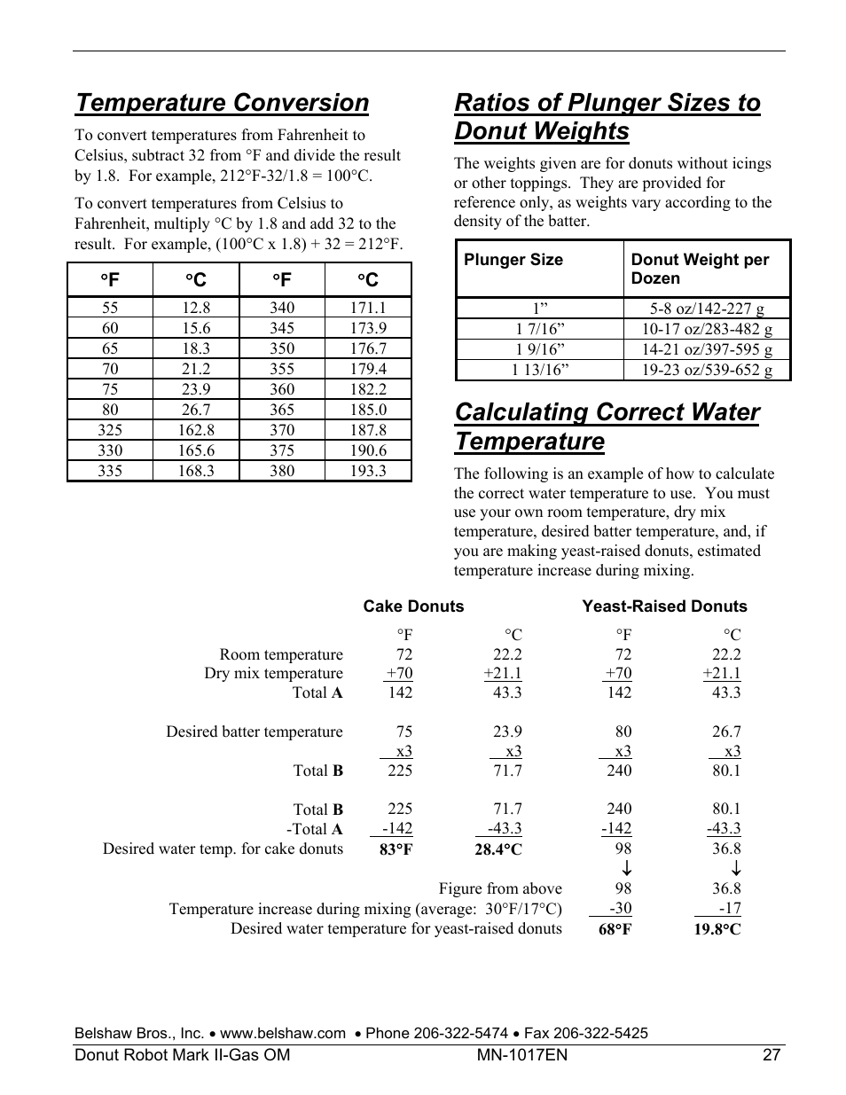 Temperature conversion, Ratios of plunger sizes to donut weights, Calculating correct water temperature | Belshaw Adamatic Mark II-Gas Donut Robot User Manual | Page 33 / 63