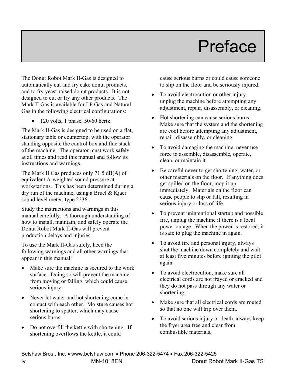 Preface | Belshaw Adamatic Mark II-Gas Donut Robot User Manual | Page 40 / 63