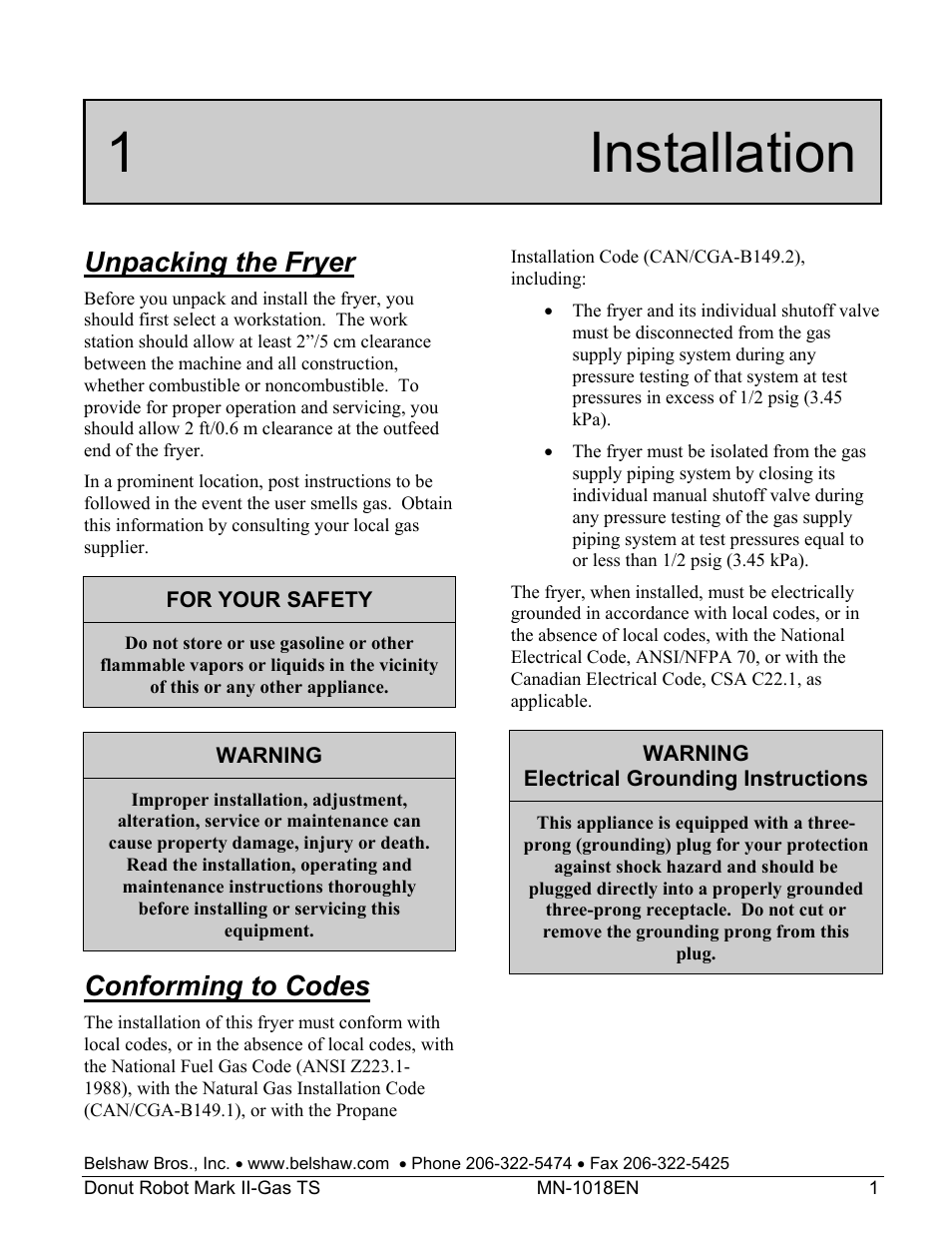 1 installation, Unpacking the fryer, Conforming to codes | Belshaw Adamatic Mark II-Gas Donut Robot User Manual | Page 41 / 63