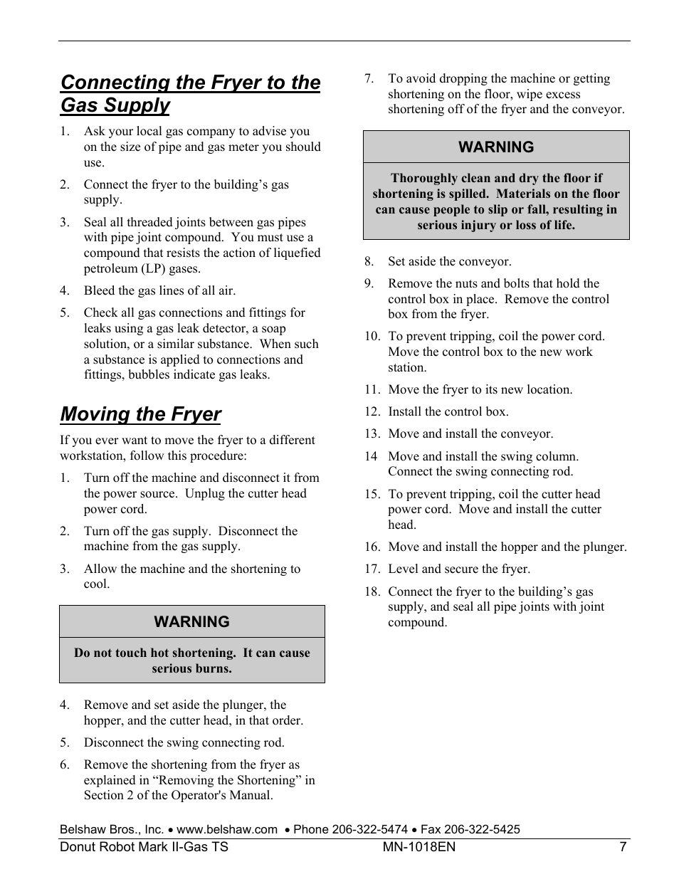 Connecting the fryer to the gas supply, Moving the fryer | Belshaw Adamatic Mark II-Gas Donut Robot User Manual | Page 47 / 63