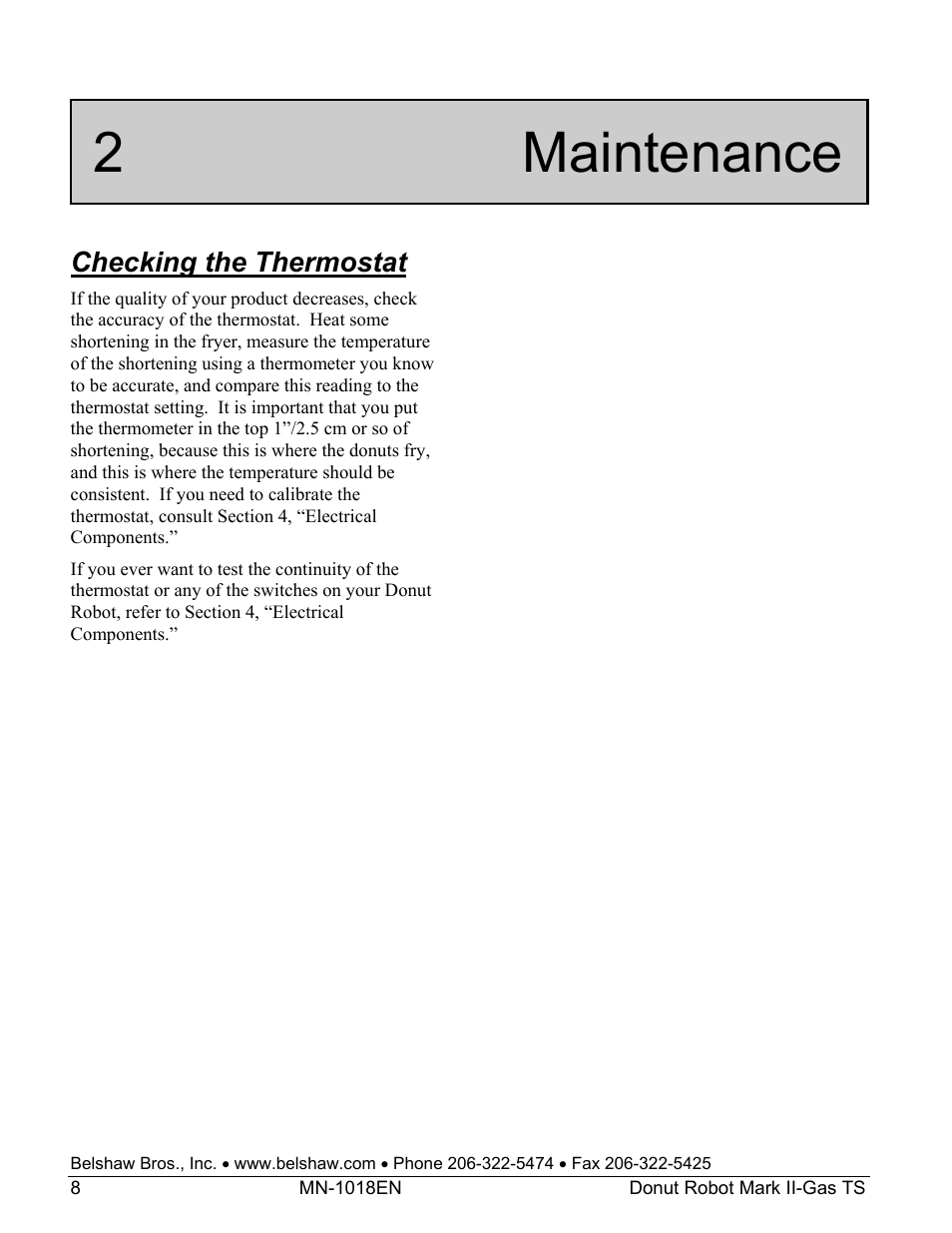 2 maintenance, Checking the thermostat | Belshaw Adamatic Mark II-Gas Donut Robot User Manual | Page 48 / 63