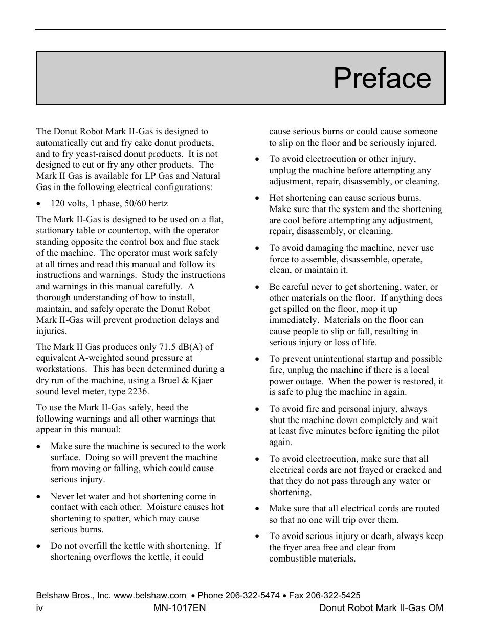 Preface | Belshaw Adamatic Mark II-Gas Donut Robot User Manual | Page 6 / 63