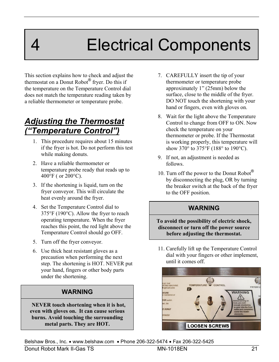 4 electrical components, Adjusting the thermostat (“temperature control”) | Belshaw Adamatic Mark II-Gas Donut Robot User Manual | Page 61 / 63