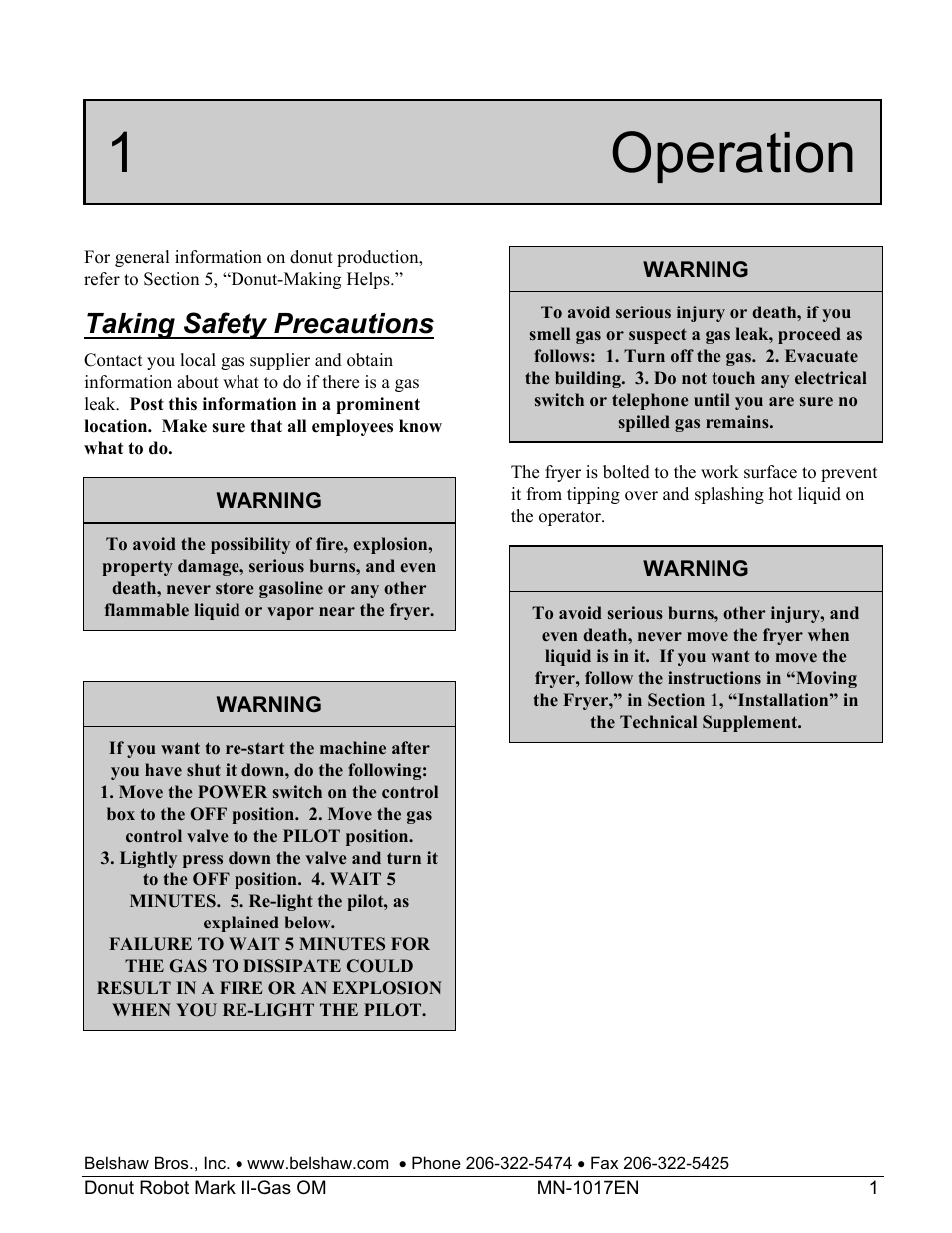 1 operation, Taking safety precautions | Belshaw Adamatic Mark II-Gas Donut Robot User Manual | Page 7 / 63