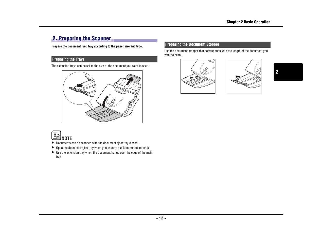 Preparing the scanner, Preparing the trays, Preparing the document stopper | Preparing the trays preparing the document stopper, P.12.) | Canon IMAGE FORMULA DR-3010C User Manual | Page 17 / 52