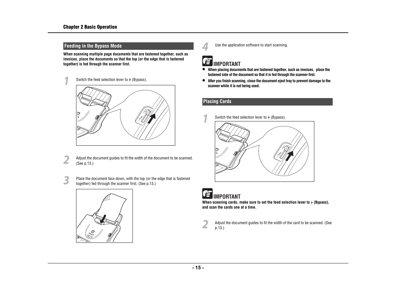 Feeding in the bypass mode, Placing cards, Feeding in the bypass mode placing cards | Canon IMAGE FORMULA DR-3010C User Manual | Page 20 / 52