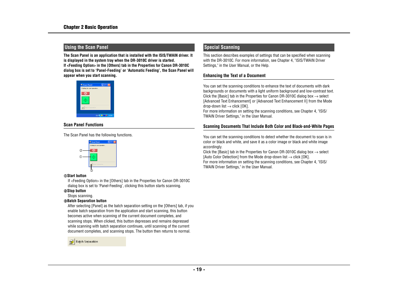 Using the scan panel, Special scanning, Using the scan panel special scanning | Canon IMAGE FORMULA DR-3010C User Manual | Page 24 / 52