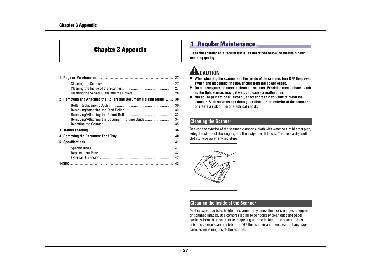 Chapter 3 appendix, Regular maintenance, Cleaning the scanner | Cleaning the inside of the scanner | Canon IMAGE FORMULA DR-3010C User Manual | Page 32 / 52