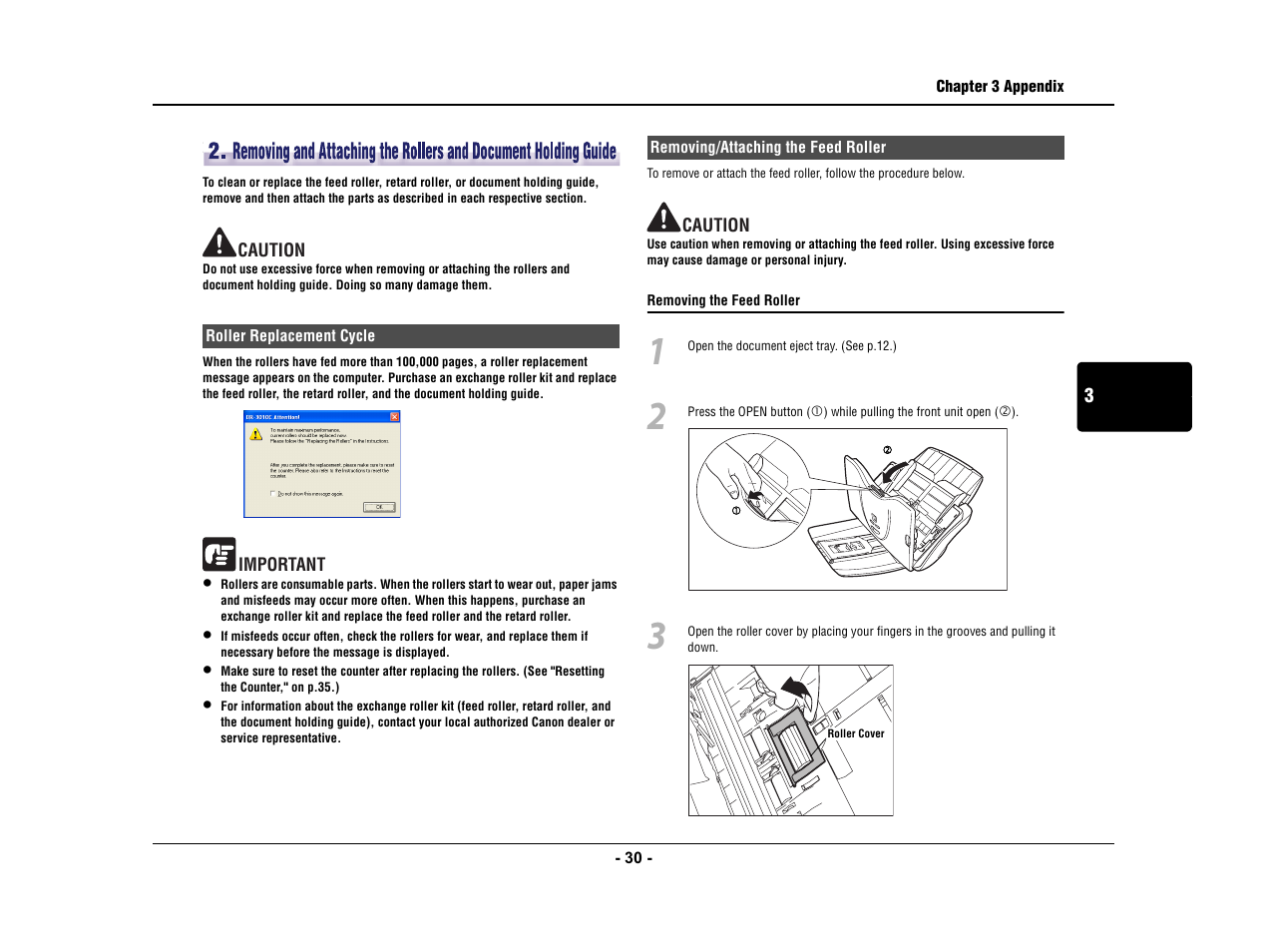 Roller replacement cycle, Removing/attaching the feed roller, See p.30 | Canon IMAGE FORMULA DR-3010C User Manual | Page 35 / 52