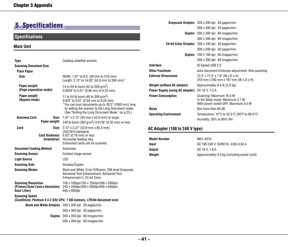 Specifications | Canon IMAGE FORMULA DR-3010C User Manual | Page 46 / 52