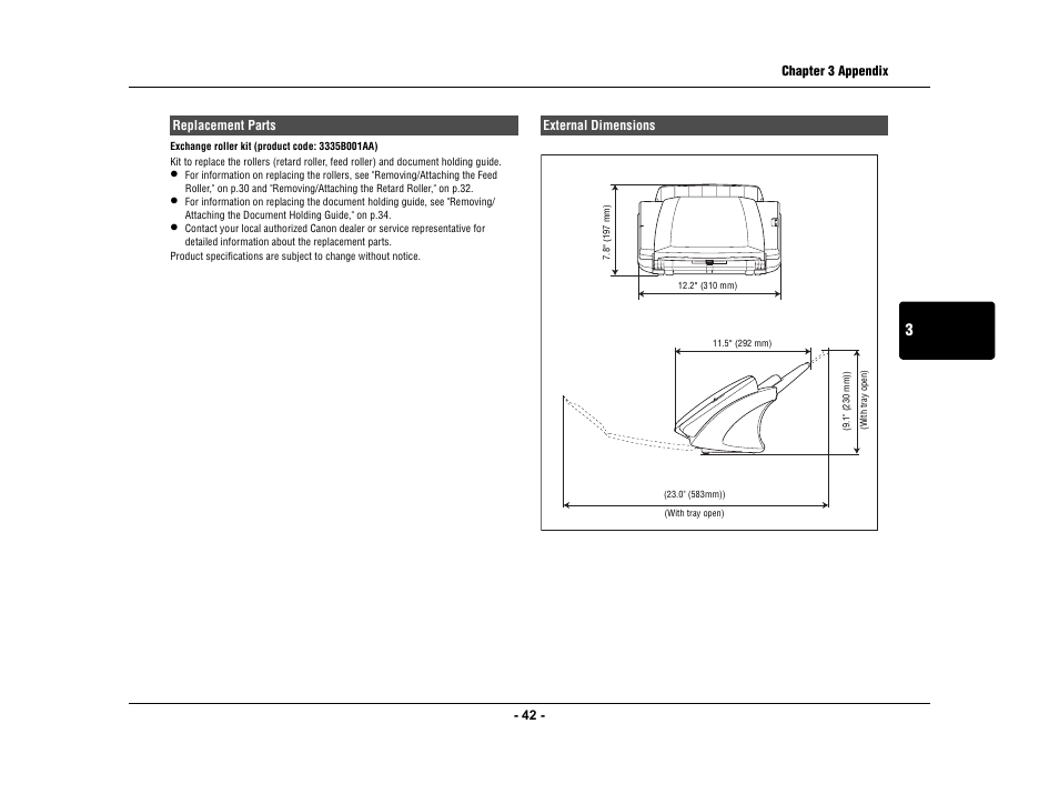 Replacement parts, External dimensions, Replacement parts external dimensions | Canon IMAGE FORMULA DR-3010C User Manual | Page 47 / 52