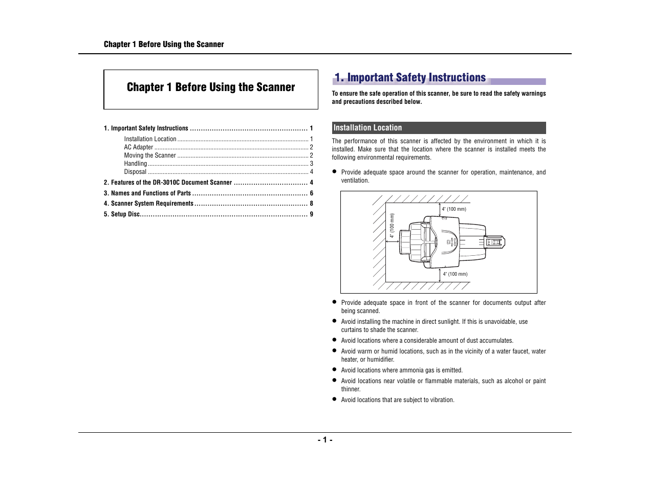 Chapter 1 before using the scanner, Important safety instructions, Installation location | Canon IMAGE FORMULA DR-3010C User Manual | Page 6 / 52