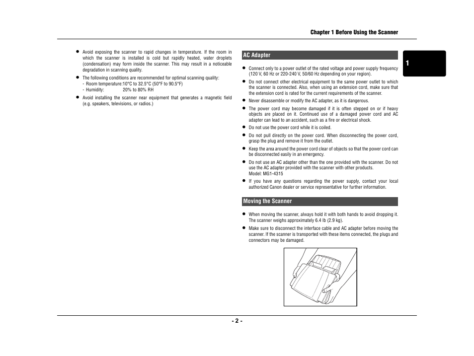 Ac adapter, Moving the scanner, Ac adapter moving the scanner | Canon IMAGE FORMULA DR-3010C User Manual | Page 7 / 52