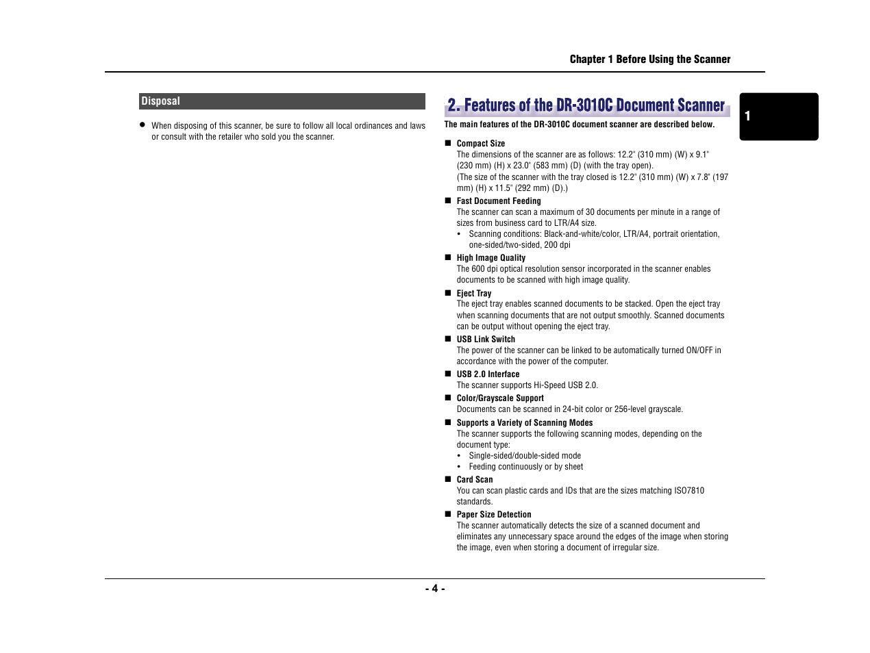 Disposal, Features of the dr-3010c document scanner | Canon IMAGE FORMULA DR-3010C User Manual | Page 9 / 52