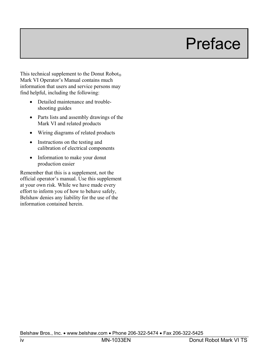 Preface | Belshaw Adamatic Mark VI Donut Robot User Manual | Page 36 / 66