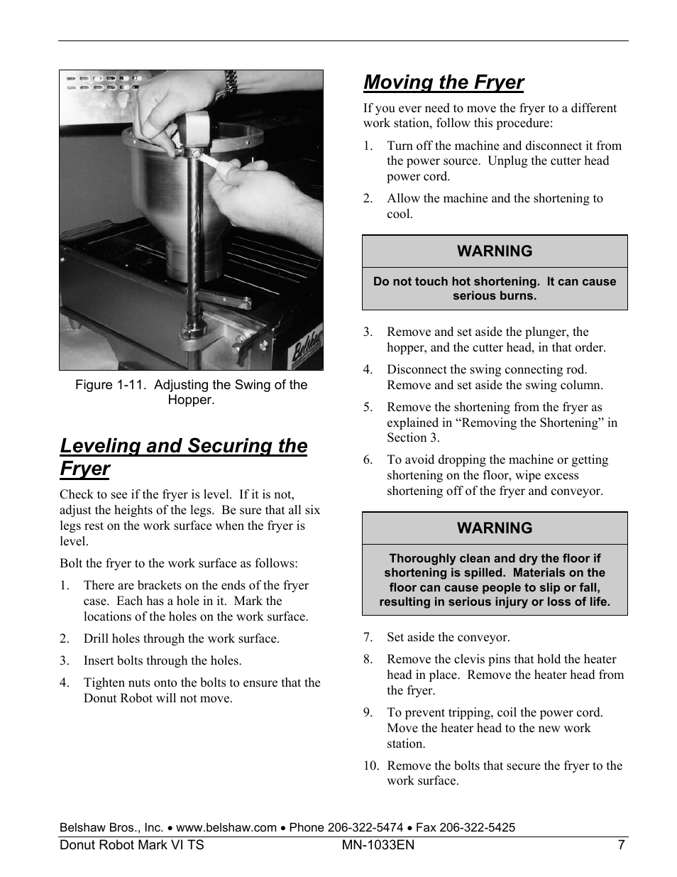 Leveling and securing the fryer, Moving the fryer | Belshaw Adamatic Mark VI Donut Robot User Manual | Page 43 / 66