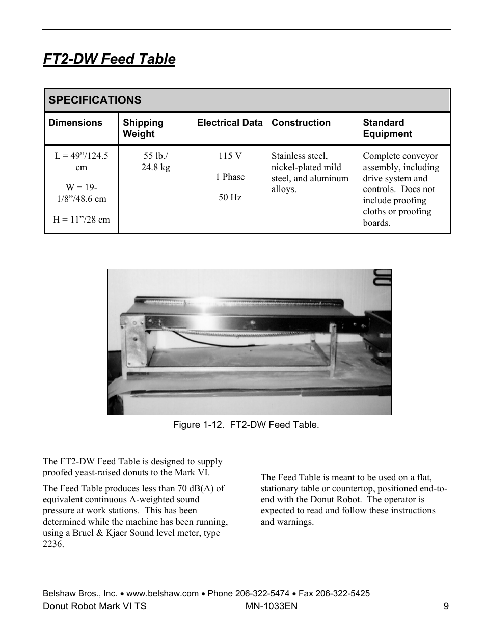 Ft2-dw feed table | Belshaw Adamatic Mark VI Donut Robot User Manual | Page 45 / 66