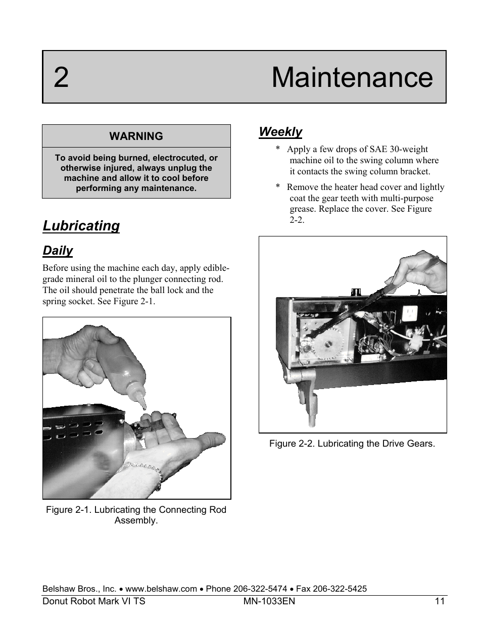 2 maintenance, Lubricating, Daily | Weekly | Belshaw Adamatic Mark VI Donut Robot User Manual | Page 47 / 66