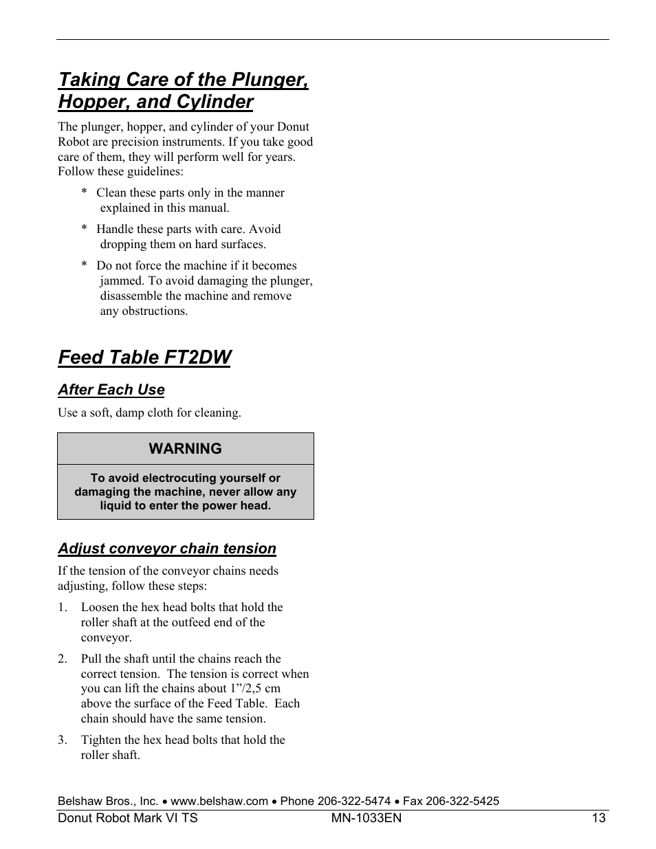 Taking care of the plunger, hopper, and cylinder, Feed table ft2dw | Belshaw Adamatic Mark VI Donut Robot User Manual | Page 49 / 66