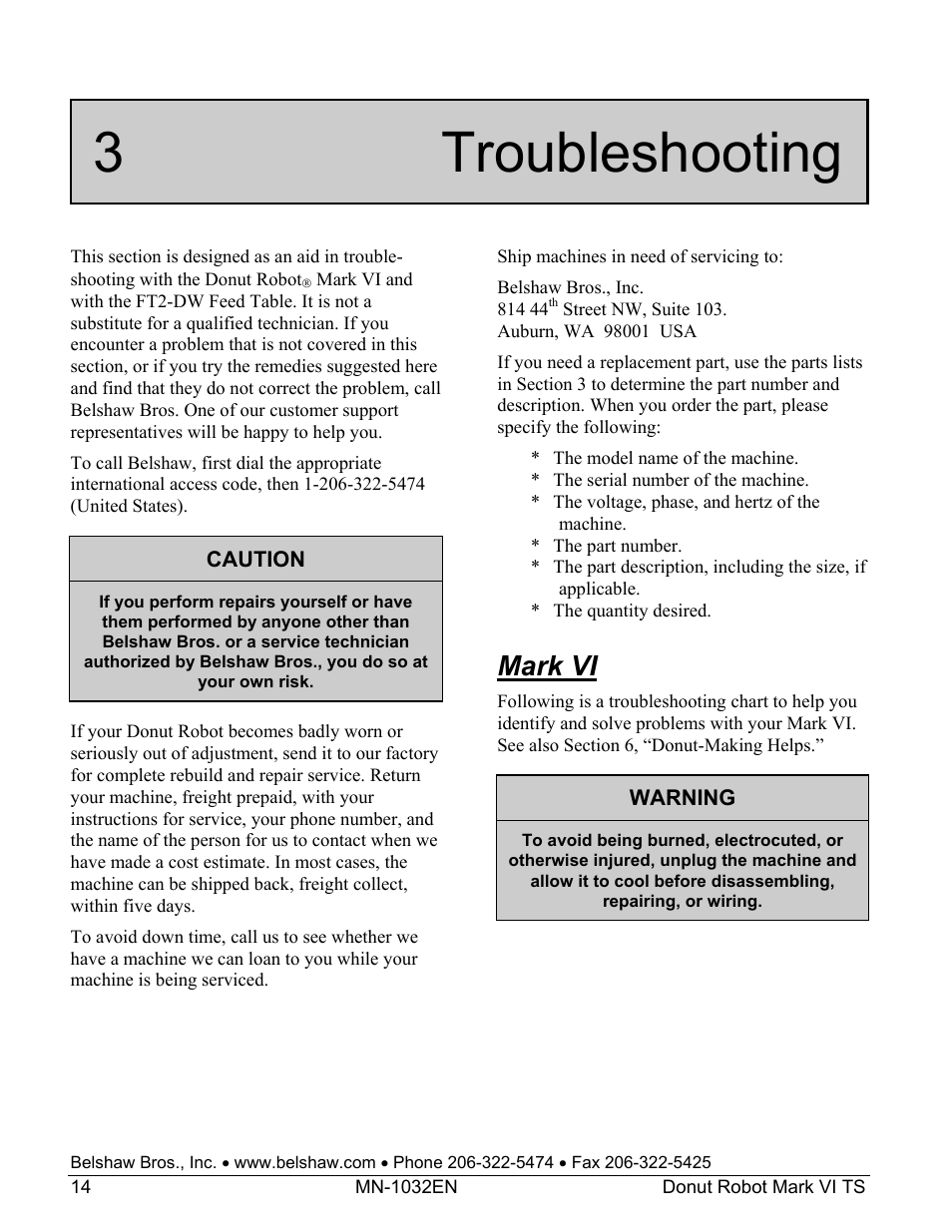 3 troubleshooting, Mark vi | Belshaw Adamatic Mark VI Donut Robot User Manual | Page 50 / 66