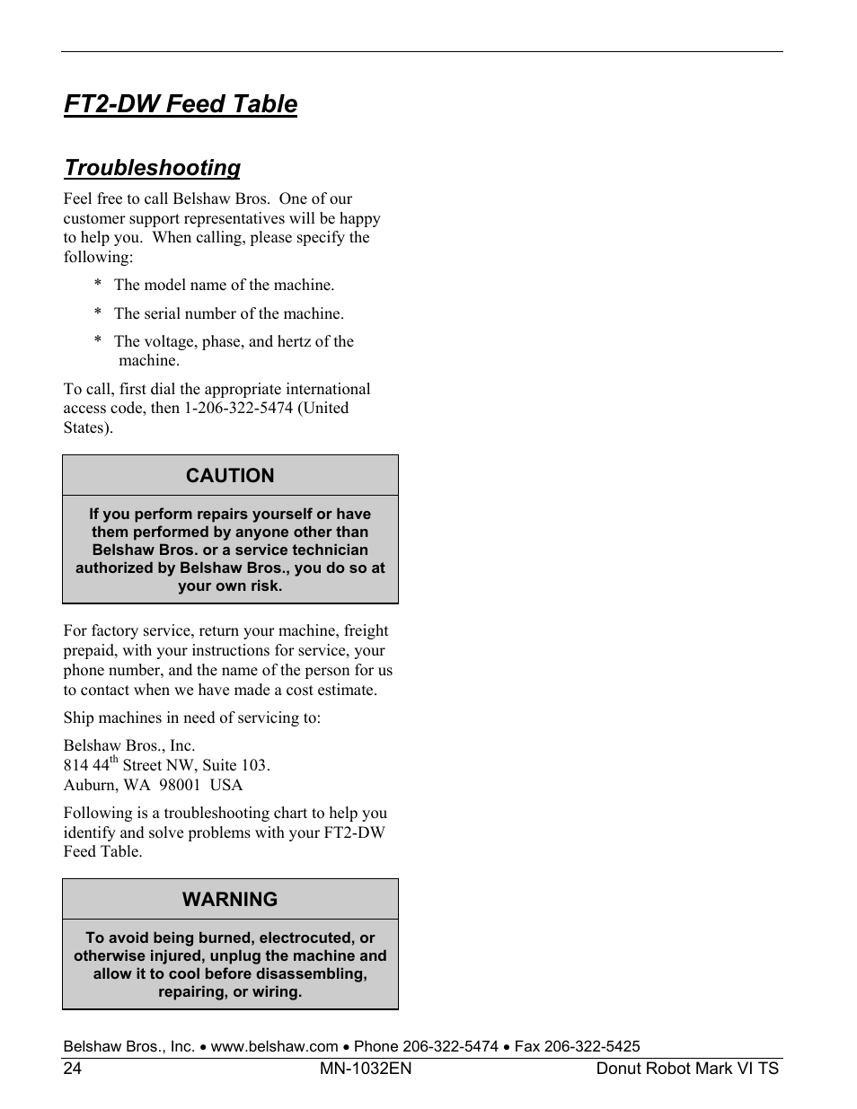 Ft2-dw feed table, Troubleshooting | Belshaw Adamatic Mark VI Donut Robot User Manual | Page 60 / 66