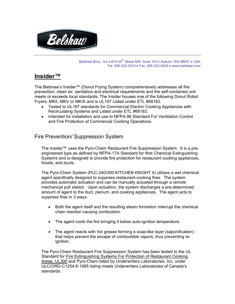 Insider, Fire prevention/ suppression system | Belshaw Adamatic INSIDER Ventless Donut System User Manual | Page 3 / 52