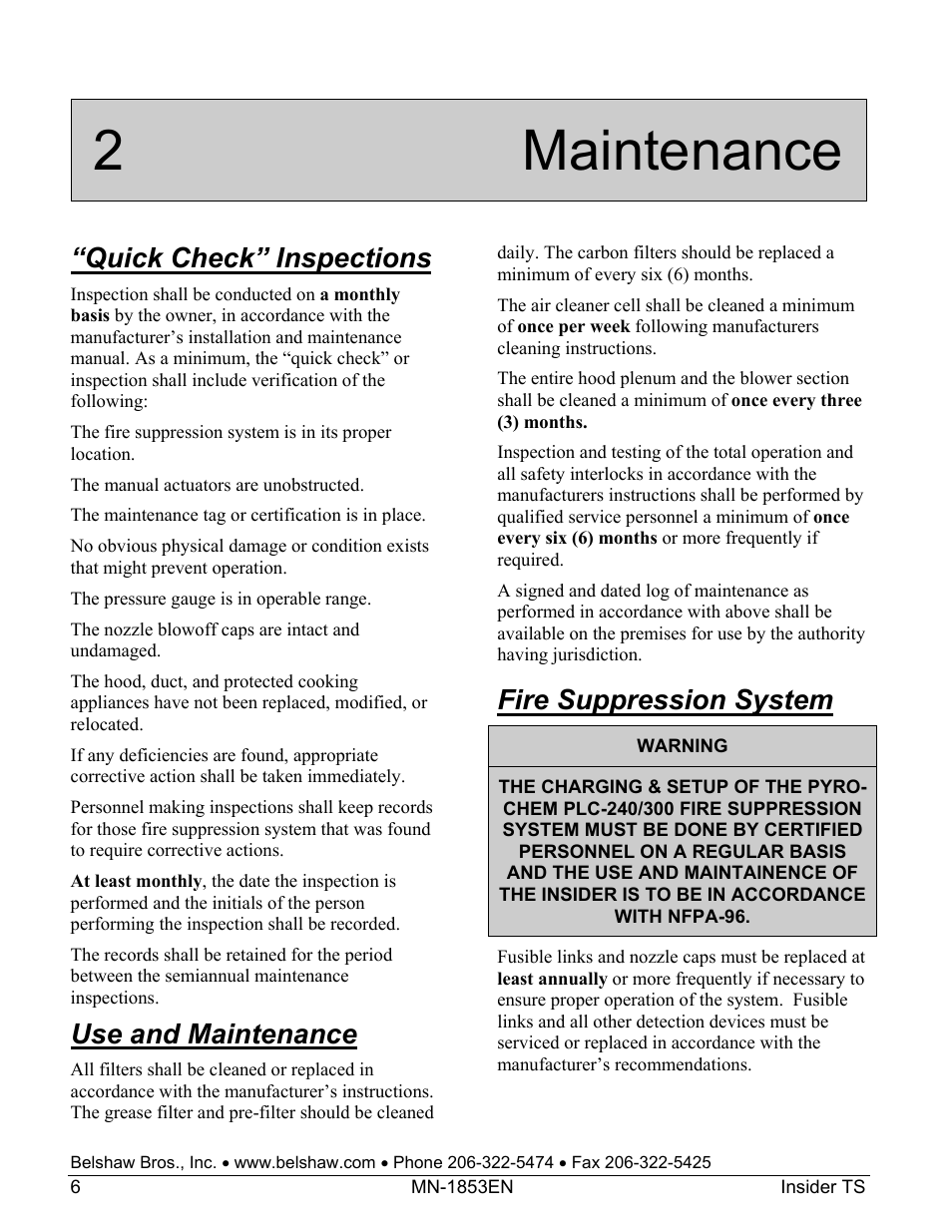 2 maintenance, Quick check” inspections, Use and maintenance | Fire suppression system | Belshaw Adamatic INSIDER Ventless Donut System User Manual | Page 32 / 52