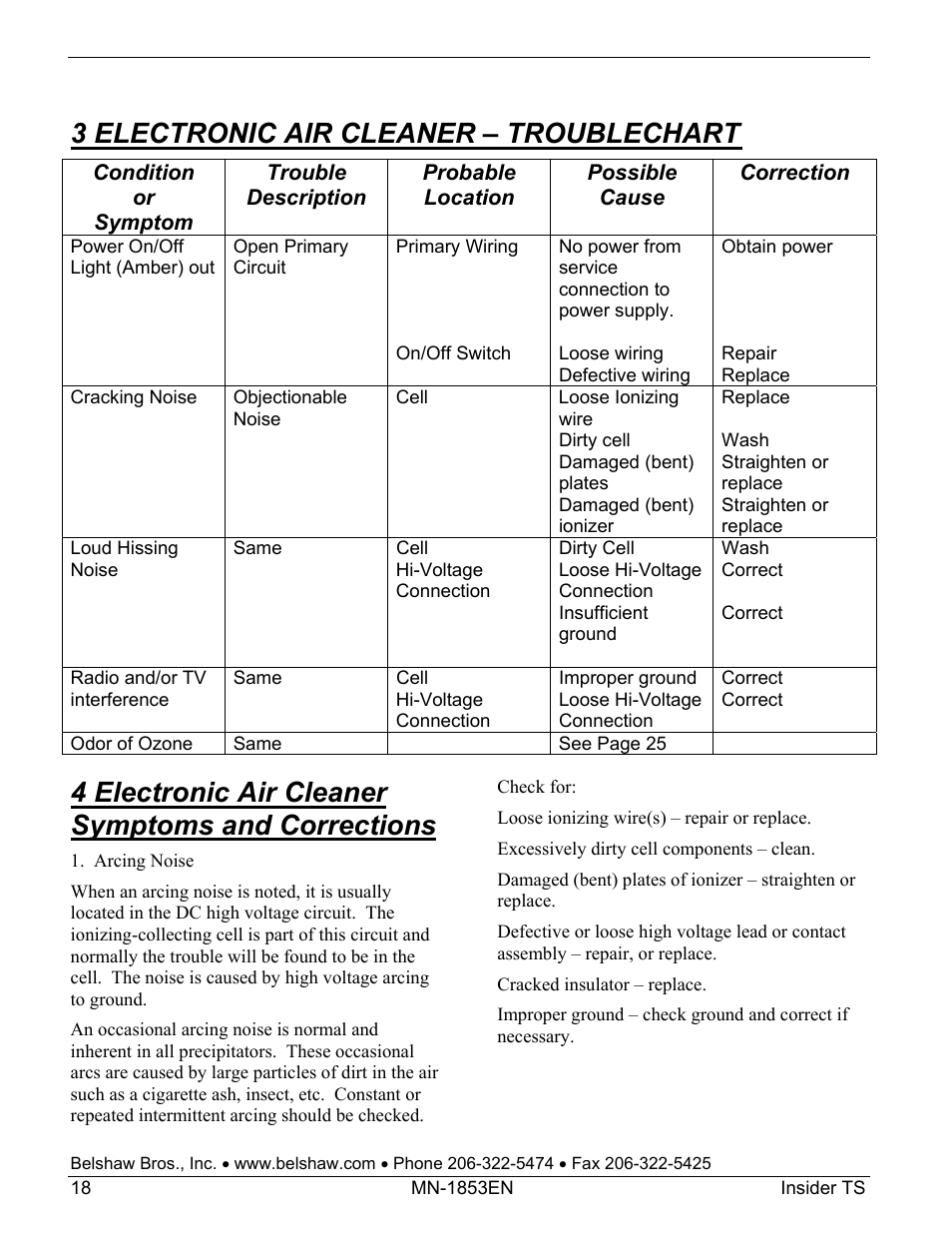 3 electronic air cleaner – troublechart, 4 electronic air cleaner symptoms and corrections | Belshaw Adamatic INSIDER Ventless Donut System User Manual | Page 44 / 52