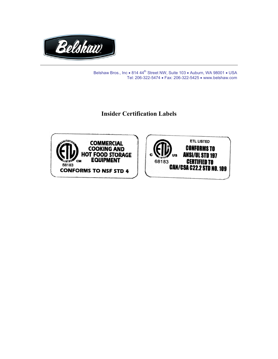 Insider certification labels | Belshaw Adamatic INSIDER Ventless Donut System User Manual | Page 7 / 52
