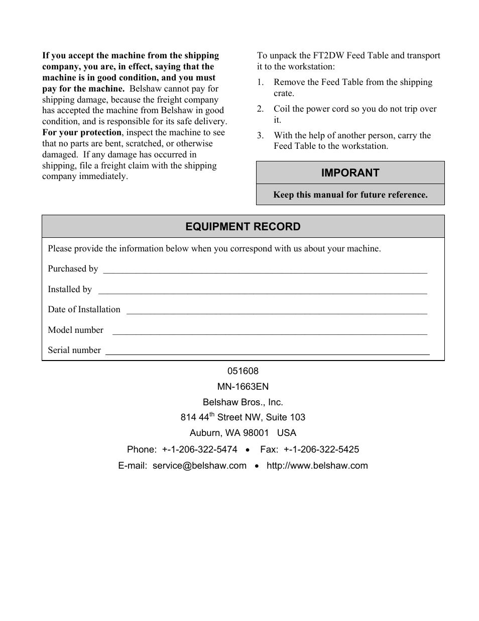 Belshaw Adamatic FT2DW Feed Table User Manual | Page 11 / 21