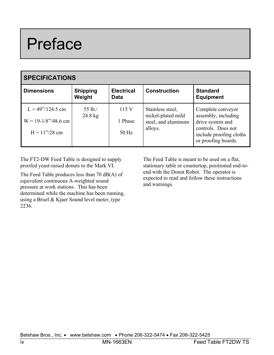 Preface | Belshaw Adamatic FT2DW Feed Table User Manual | Page 14 / 21