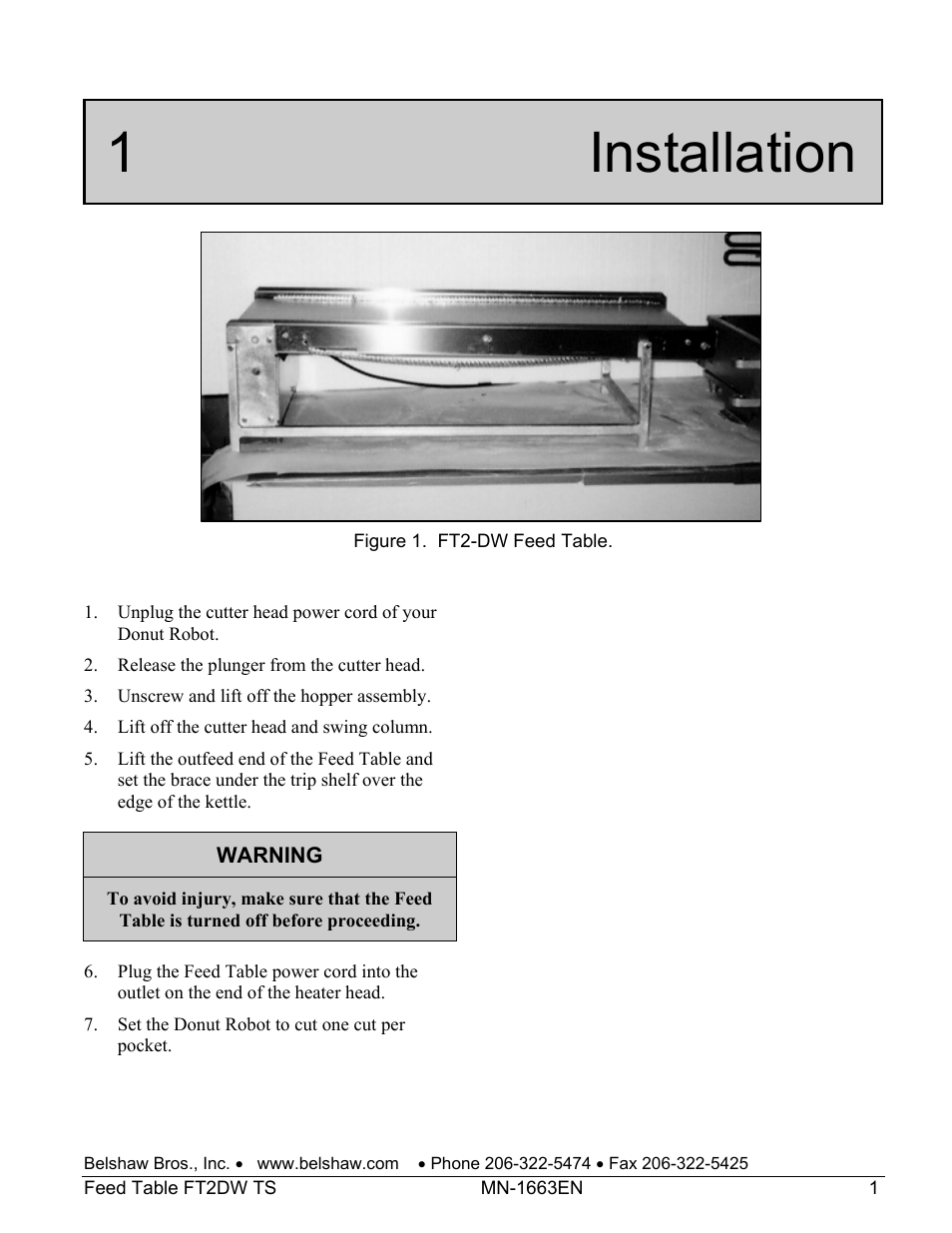 1 installation | Belshaw Adamatic FT2DW Feed Table User Manual | Page 15 / 21
