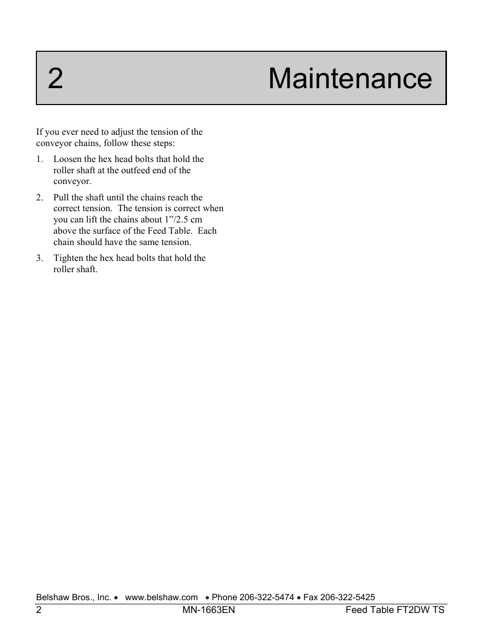 2 maintenance | Belshaw Adamatic FT2DW Feed Table User Manual | Page 16 / 21
