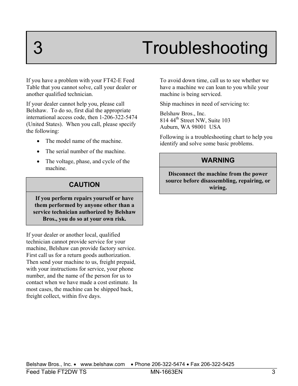3 troubleshooting | Belshaw Adamatic FT2DW Feed Table User Manual | Page 17 / 21