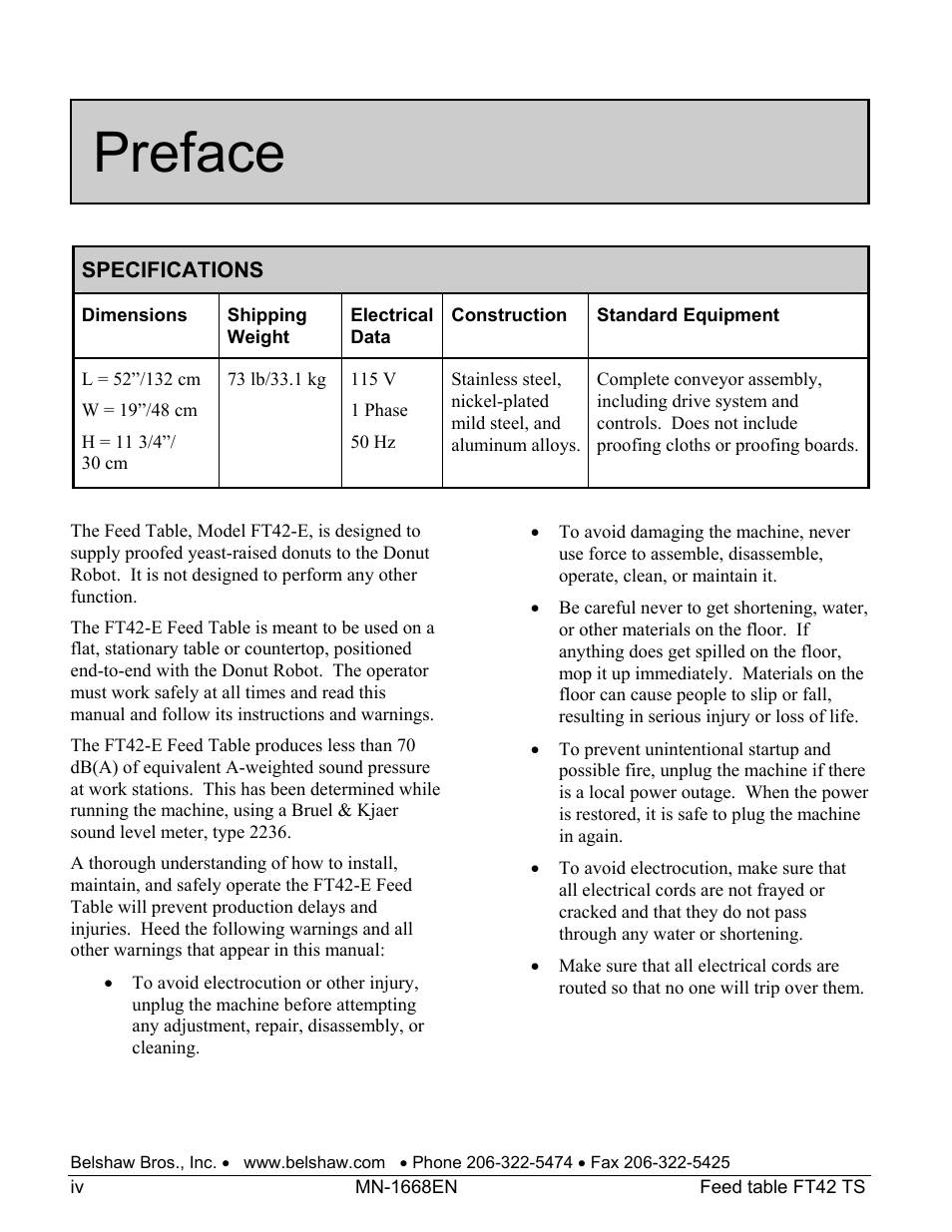 Preface | Belshaw Adamatic FT42 Feed Table User Manual | Page 14 / 23